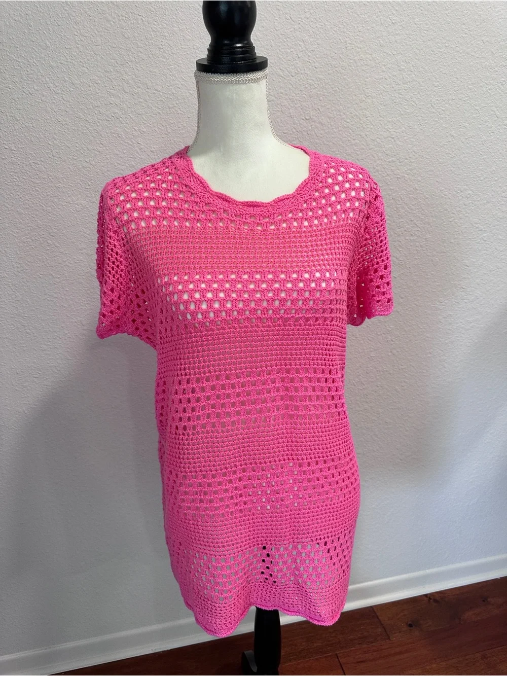 Bright Pink Crochet Short-Sleeve Women's Swim Coverup/Dress